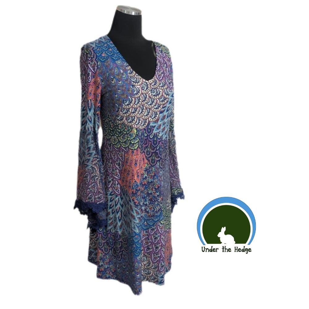 MSK Multi Paisley Peacock Lace Bell Sleeve Dress Size Small Boho Hippie P1